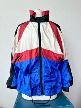 VTG 80s 90s Total Impact Red White Blue Colorblock Nylon Windbreaker Jacket M